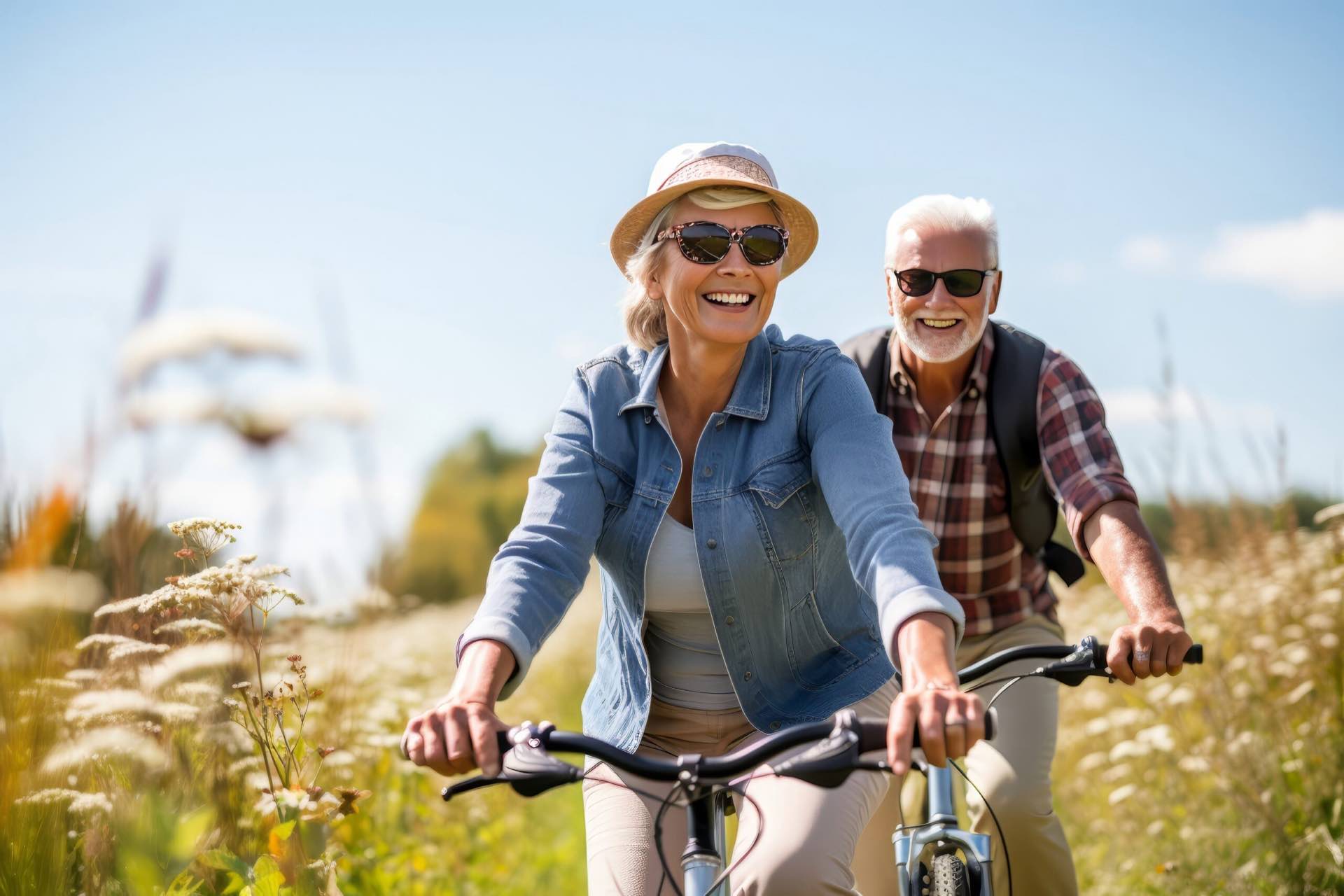 An older couple cycling along a country path on a sunny day