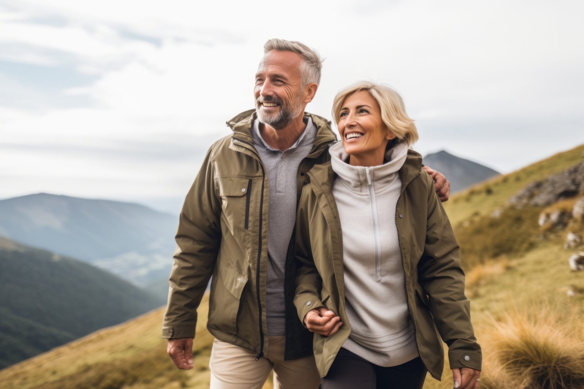 A smiling couple out walking together in the hills