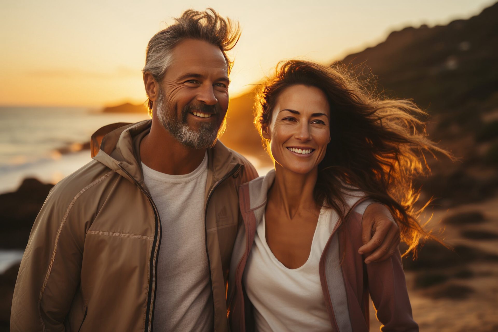 A smiling couple standing together on a beach at sunset